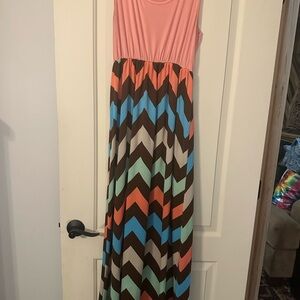 Chevron Patterned Maxi Dress - Pink and Multicolor